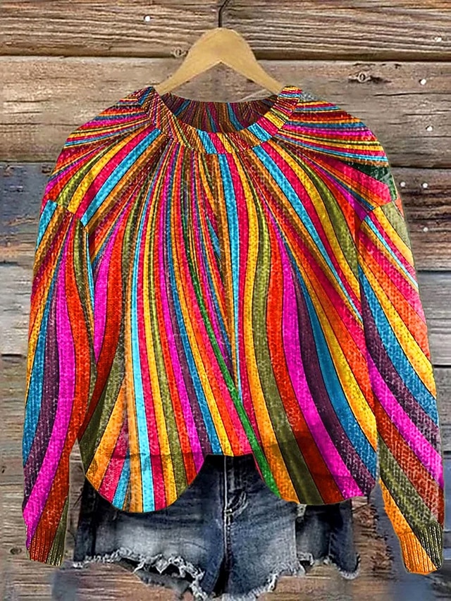  Damen Pullover Mode Lässig Grafik Gestreift Abstrakt Rundhalsausschnitt Patchwork Blumen Gestrickt Langarm Normale Oberteile Stricken Arbeit Regenbogen Herbst Winter