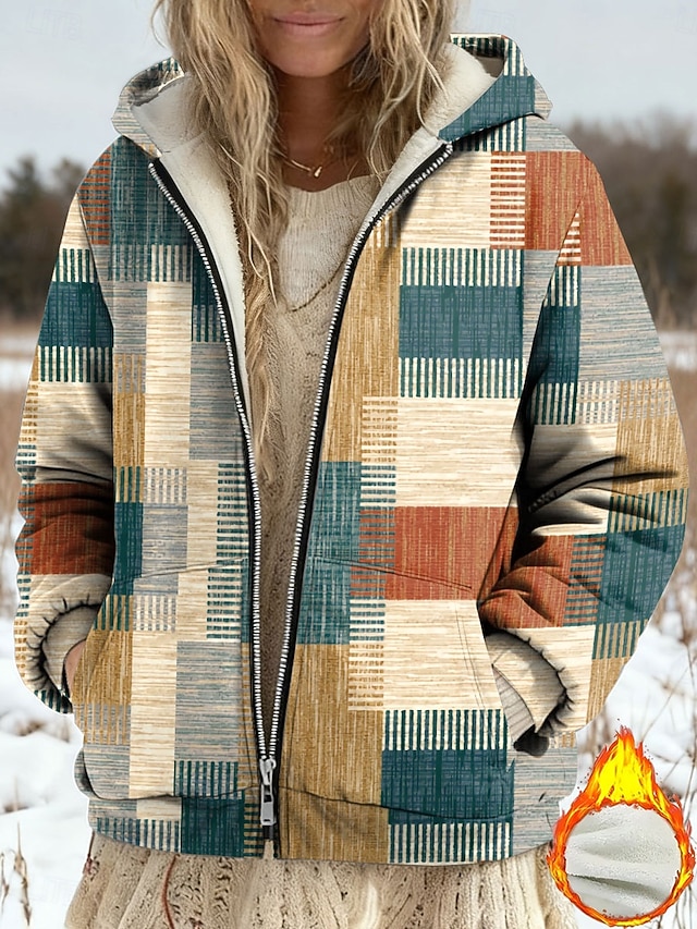  Casaco de Inverno Feminino Jaqueta de Fleece Forrado com Fleece Jaqueta Casual Quente Bolso com Zíper Impressão Moda Casual Geométrica Rua Casual Ajuste Regular Capuz Manga Longa Roupas Externas