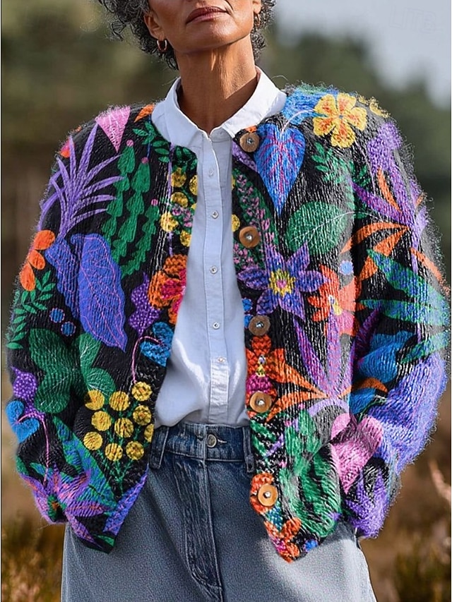  Naisten Neule Päivittäin Kukka Joustin Tiukka pyöreä kaula-aukko Napit Painettu Pitkähihainen Tavalliset topit Neuloa ulko- Viikonloppu Musta Keltainen Kevät Syksy