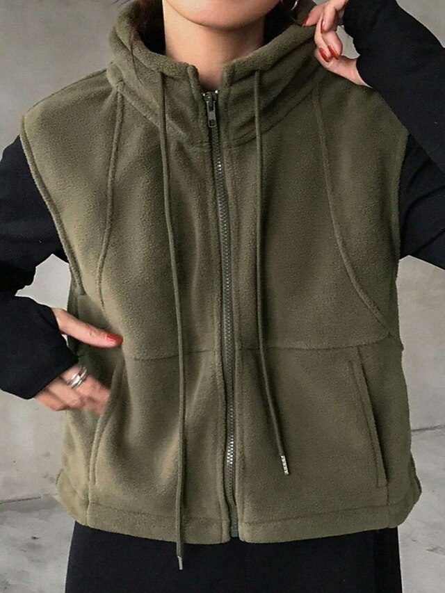 Women's Zip Up Sweatshirts Plain Fashion Casual Sleeveless High Neck Regular Tops Street Casual Holiday Zipper Pocket Army Green Fall Winter4