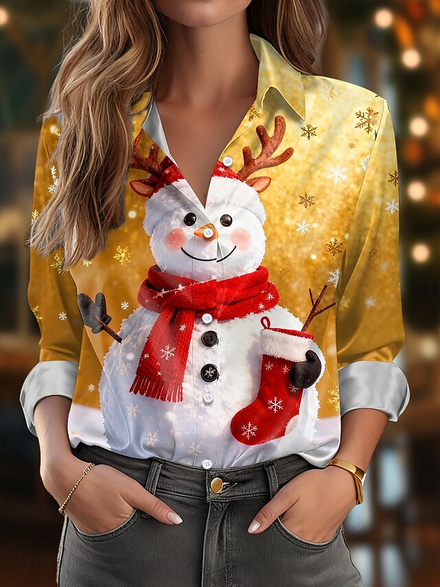 Christmas Women's Shirt Graphic Snowman Elegant Vintage Stylish Long Sleeve Shirt Collar Regular Tops Work Daily Holiday Yellow Red Blue Fall Winter4
