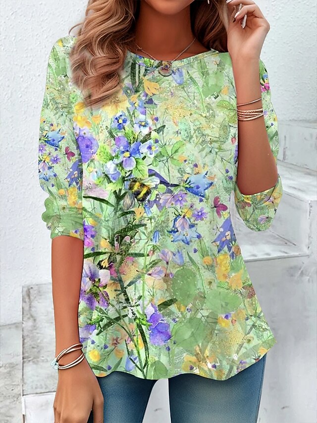 Women's T Shirt Floral Graphic Plants Vintage Stylish Classic Long Sleeve Crew Neck Round Neck Regular Tops Daily Print Light Green Spring Fall Winter4