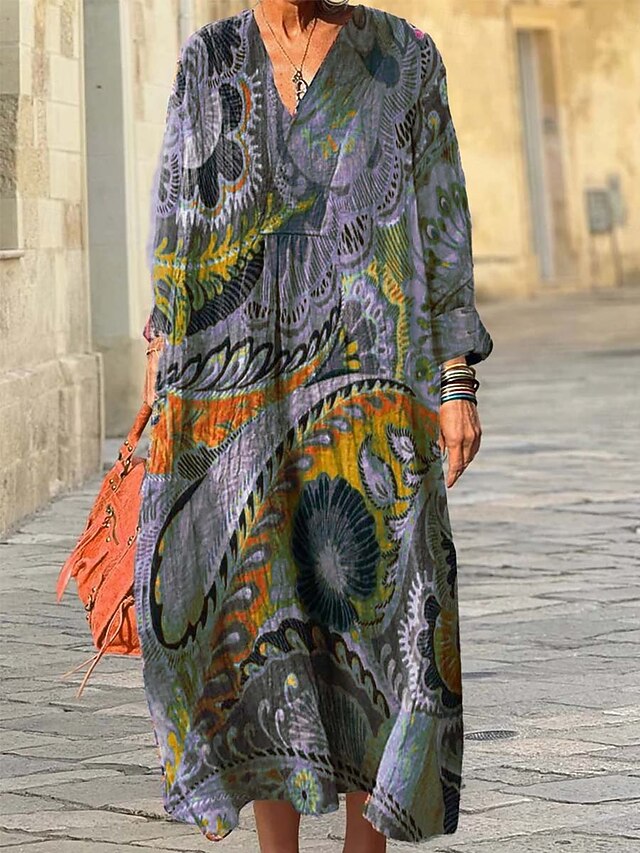  Dames Halflange jurk Zonnejurk A lijn jurk Vakantie Casual Boho Uitgaan Strand Ruim Passend Grafisch Geometrisch Lange mouw V-hals Blozend Roze blauw Licht Paars Bruin Lente Herfst Winter