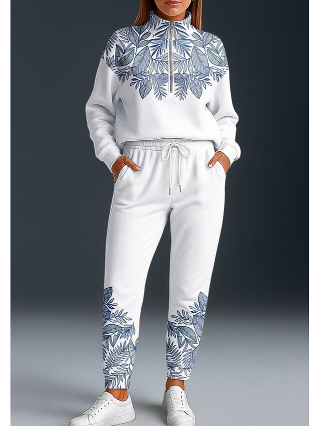 Women's Sweatshirt Tracksuit 2 Piece Tracksuit Full Zip Baggy Floral Clothing Suit Fall White Vocation Outdoor Travel Lightweight Fashion Long Sleeve Sport Activewear Micro-elastic Loose Fit4