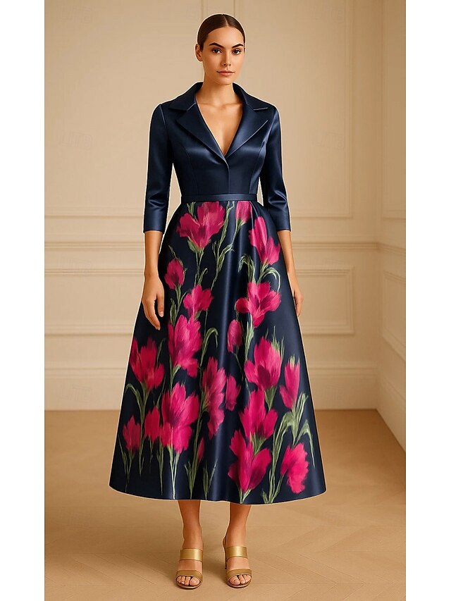 A-Line Mother of the Bride Portrait Collar Evening Gown Elegant Formal Dress Formal Wedding Midi Length Tea Length 3/4 Length Sleeve V Neck Stretch Satin with Floral Print4