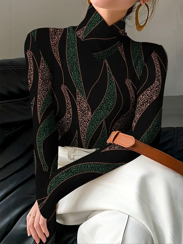 Women's T Shirt Graphic Abstract Geometry Elegant Vintage Stylish Long Sleeve High Neck Asymmetric Neck Regular Tops Daily Print Dark Green Spring Fall Winter4