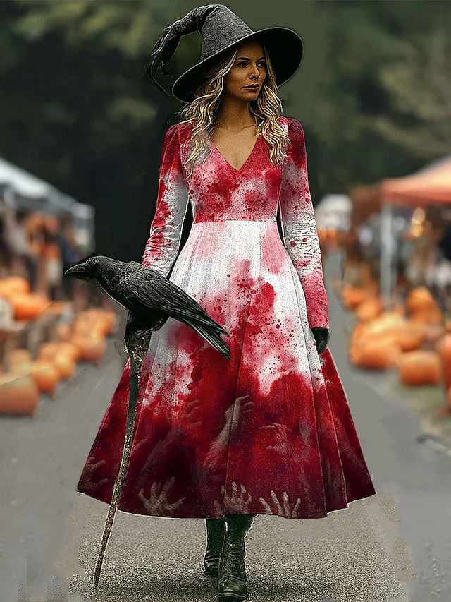 Halloween Women's Witch Print Midi Dress A Line Dress Vacation Casual Daily Regular Fit Floral Graphic Hocus Pocus Long Sleeve V Neck Black Red Brown Spring Fall4