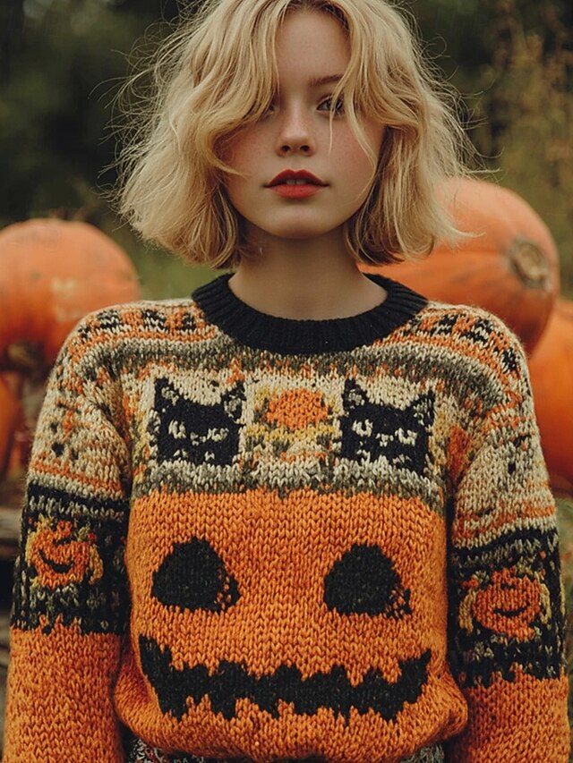 Women's Sweater Vintage Sweater Pullover Daily Casual Animal Pumpkin Ribbed Crew Neck Knitted Print Long Sleeve Regular Tops Knit Outdoor Halloween Orange Fall Winter4