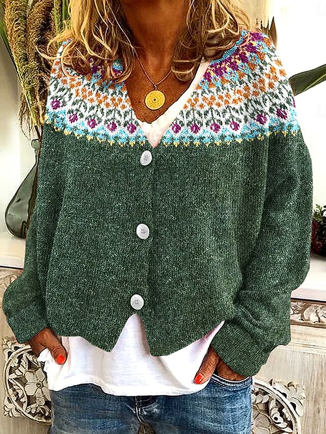 Women's Sweater Cardigan Elegant Vintage Fashion Graphic Geometric Paisley V Neck Pocket Knitted Print Long Sleeve Regular Tops Knit Outdoor Daily Weekend Army Green Light Brown Fall Winter4