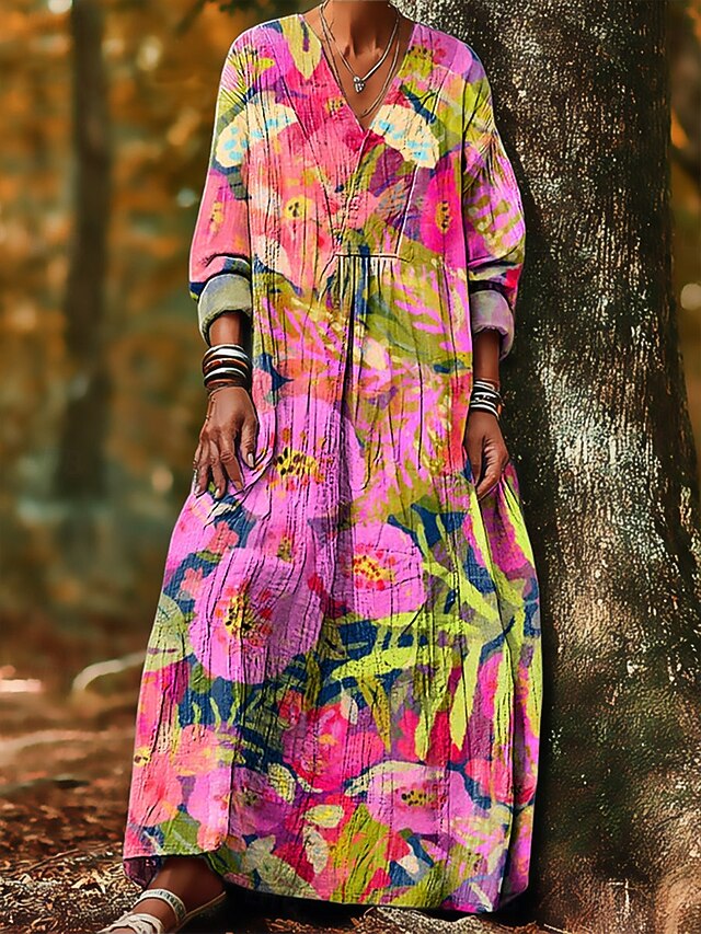 Women's Midi Dress Shift Dress Vacation Casual Boho Going out Beach Loose Fit Floral Graphic Long Sleeve V Neck Yellow Pink Purple Spring Fall Winter4