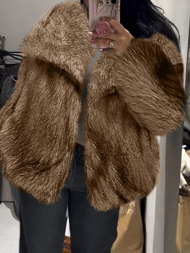 Women's Faux Fur Coat Warm Comfortable Furs & Leathers Casual Plain Street Holiday Going out Weekend Regular Turndown Regular Fit Long Sleeve Outerwear Camel Fall Winter4