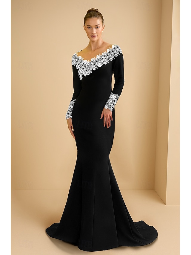  Robe de soirée noire sirène / trompette élégante robe de soirée formelle mariage balayage / pinceau traîne manches longues crêpe extensible avec applique en dentelle brodée florale 2025