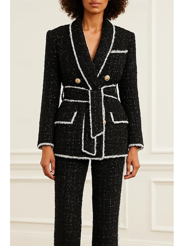  女性用ツイードブレザー、メタルボタン、スポーツコート、フォーマル、結婚式ゲスト用、ツイード、エレガント、長袖、ショールラペル、ダブルブレスト