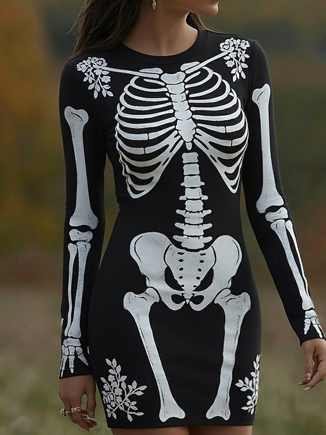  Dam Mini klänning Tröjklänning Vardagsklänning Boho-klänning Mode Klassisk Modern Utomhus Halloween Dagligen Normal Grafisk Dödskalle Långärmad Rund hals Svart Vår Höst