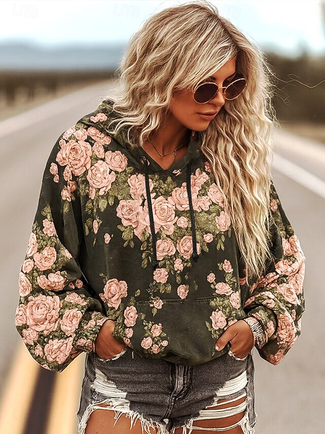 Women's Pullover Hoodie Sweatshirt Floral Graphic Punk Active Vintage Long Sleeve Hooded Regular Tops Street Dailywear Print Front Pocket Black Summer Spring Fall Winter2