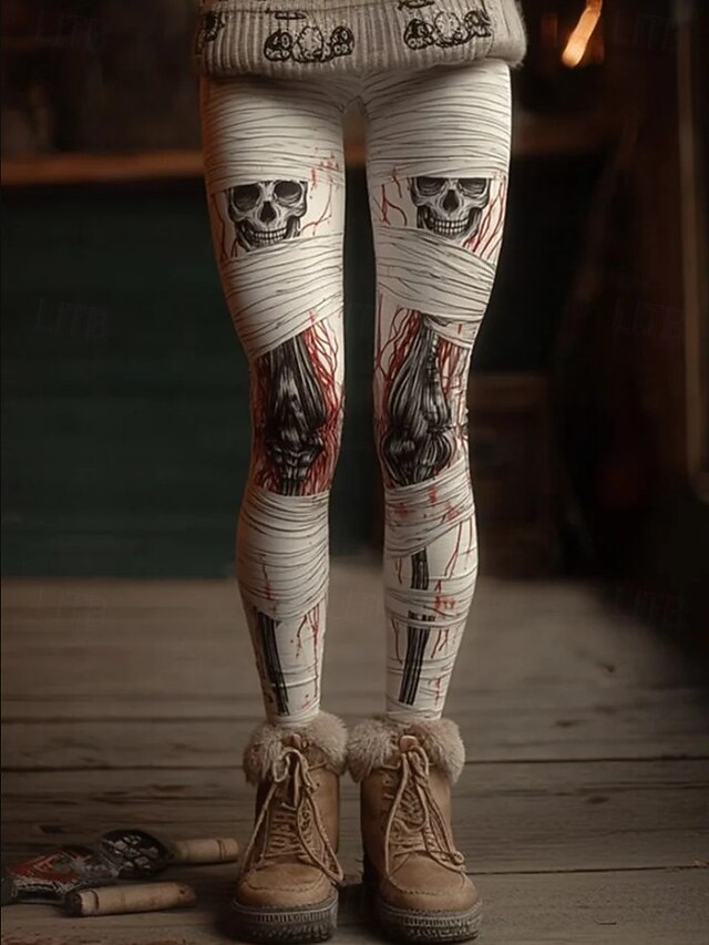 Women's Leggings Vacation Vintage Fashion Full Length High WaistPantsHalloween Graphic Skull Halloween Printing Soft Breathable Stretchy Formal Vacation Street off-white Spring Fall Winter Slim Fit2