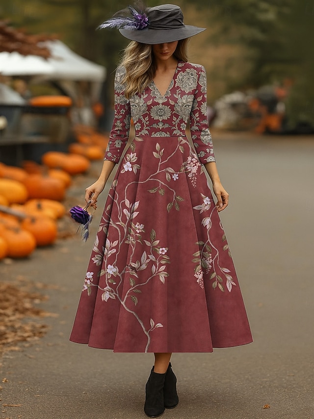  Halloween Pentru femei Rochii Midi Rochie A line Vacanță Casual Nuntă Petrecere Zi de Naștere Fit regulat Floral Grafic Trandafir Lungime Manșon 3/4 În V Galben Roșu Ruginiu Mov Primăvară Toamnă