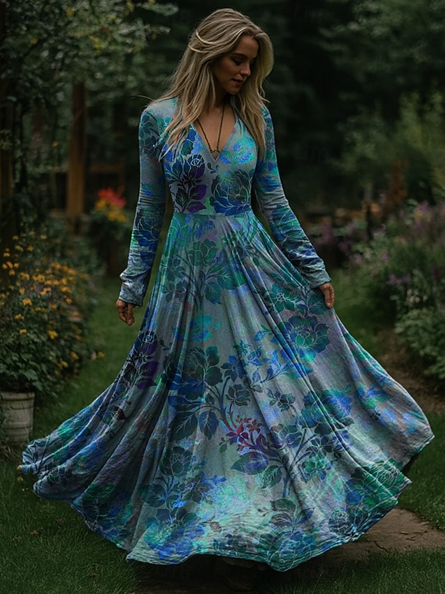  Natale Per donna Abito maxi Abito Pieghettato Festa Casual Boho Quotidiano Data Uscire Vestibilità regolare Floreale Manica Lunga Scollo a V Blu Viola Arancione Primavera Autunno Inverno