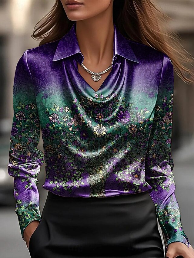 Women's Shirt Floral Graphic Elegant Stylish Casual Long Sleeve Cowl Neck Regular Tops Work Party Evening Wear Daily Ruched Draped Purple Spring Fall Winter Spring, Fall, Winter, Summer2
