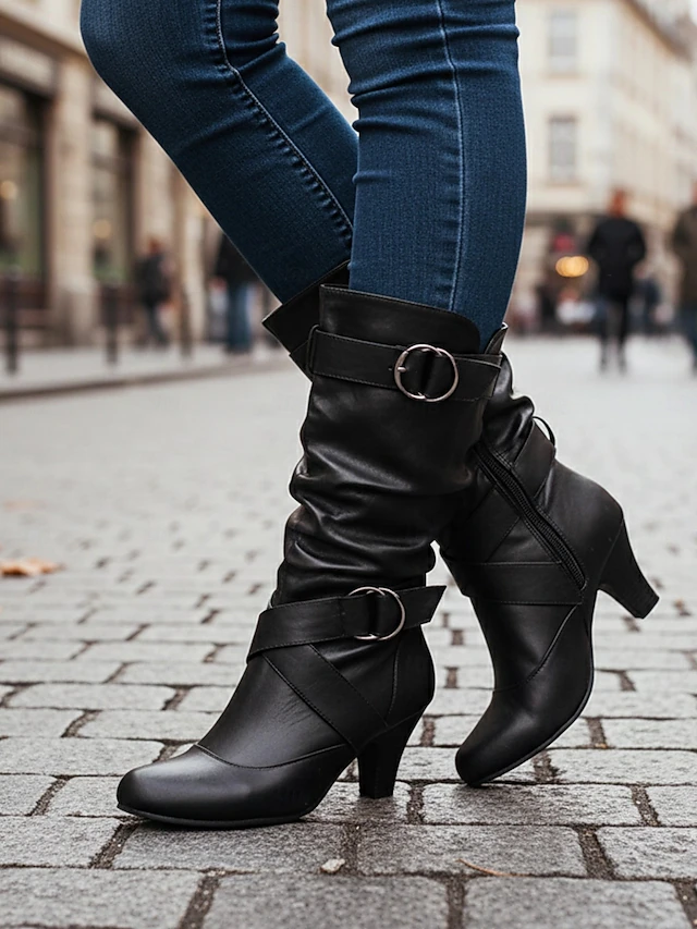 Women's Knee-High Boots with Buckle Straps and Slouchy Design, Featuring Mid-Heel and Versatile Style for Casual and Evening Wear 9