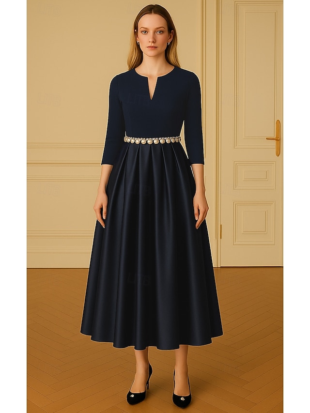  Ligne A Robes de Cocktail Élégant Robe de soirée Formel Mariage Longueur thé Manche 3/4 Col en V Crêpe Extensible avec Perles 2025