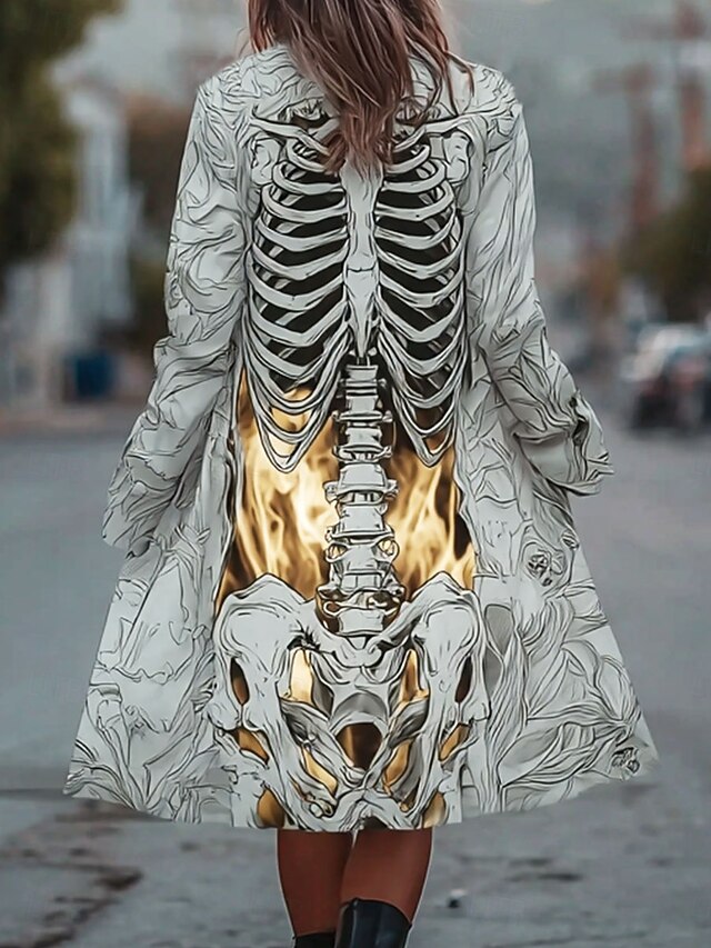 Halloween Women's Skeleton Coat Lightweight Comfortable Print Vintage Artistic CasualSkull Casual Long Collarless Regular Fit Long Sleeve Outerwear White Spring Fall4