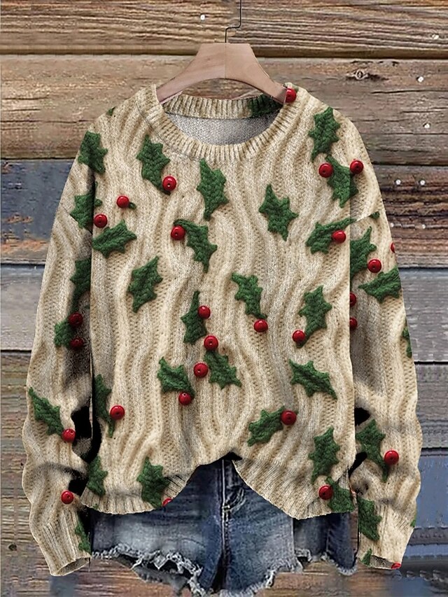 Women's Sweater Pullover Daily Casual Floral Graphic Ribbed Crew Neck Knitted Print Long Sleeve Regular Tops Knit Outdoor Weekend Green Fall Winter4