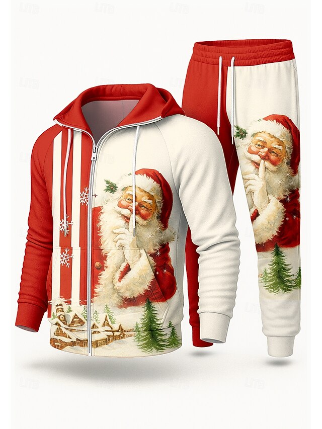 Christmas Men's Hoodie Tracksuit 2 Piece Tracksuit Drawstring Zip Up Color Block Clothing Suit Fall Red Casual Vocation Outdoor Lightweight Fashion Long Sleeve Sport Activewear Stretchy Regular Fit4