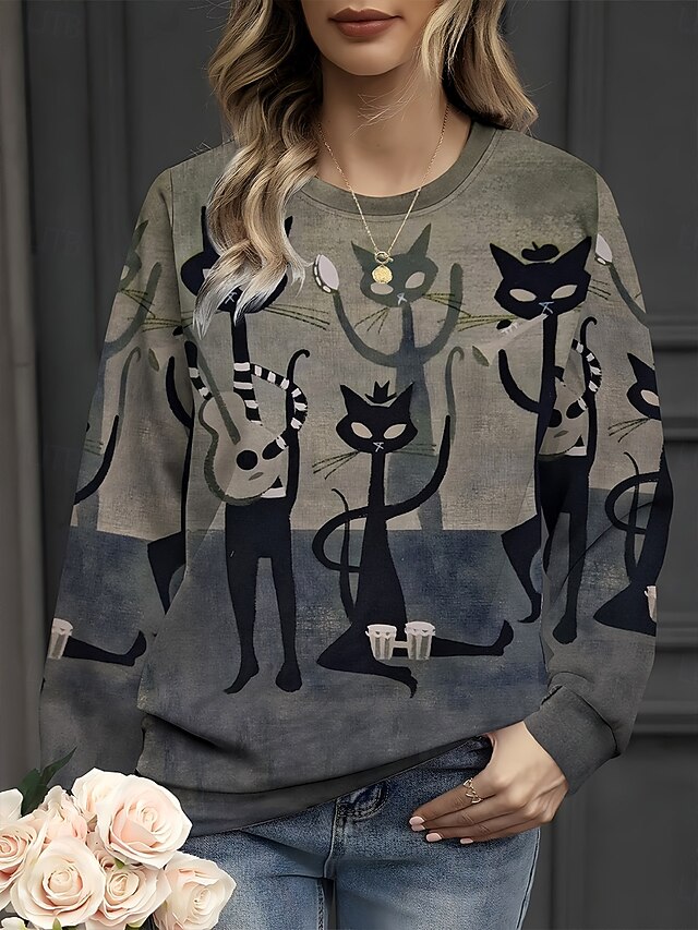 Women's Pullover Sweatshirt Hoodies Graphic Cat Halloween Fashion Casual Long Sleeve Crew Neck Round Neck Regular Tops Street Dailywear Print Dark Gray Spring Fall Winter4