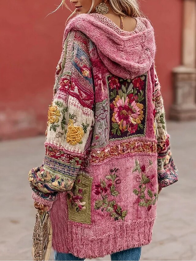 Women's Cardigan Daily Casual Floral Graphic Ribbed Hooded Patchwork Pocket Buttons Long Sleeve Long Tops Knit Outdoor Weekend Pink Fall Winter3