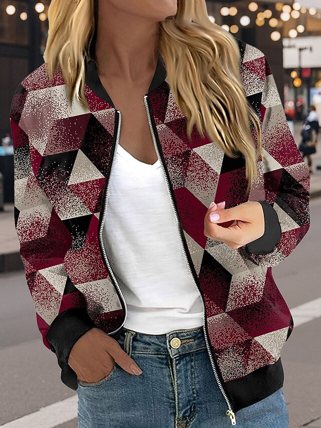 Women's Casual Jacket Warm Quick Dry Zipper Pocket Color Block Fashion Daily Casual Geometric Vacation Casual Daily Short Baseball Collar Regular Fit Long Sleeve Outerwear Red Blue Green Spring Fall4