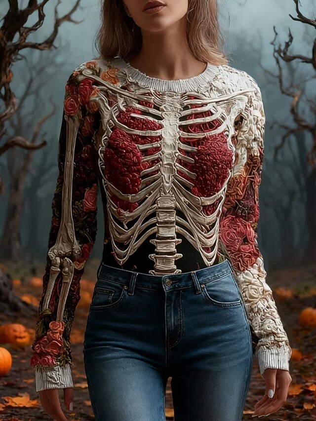 Women's Sweater Cute Streetwear Casual Graphic Skeleton Crew Neck Patchwork Knitted Long Sleeve Regular Tops Knit Halloween Red Fall Winter2