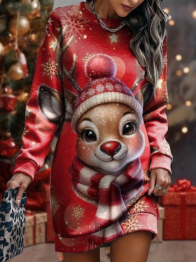 Christmas Women's Knee Length Dress Shift Dress Vacation Casual Birthday Date Regular Fit Graphic Snowman Ugly Christmas Long Sleeve Crew Neck Red Blue Green Spring Fall Winter4