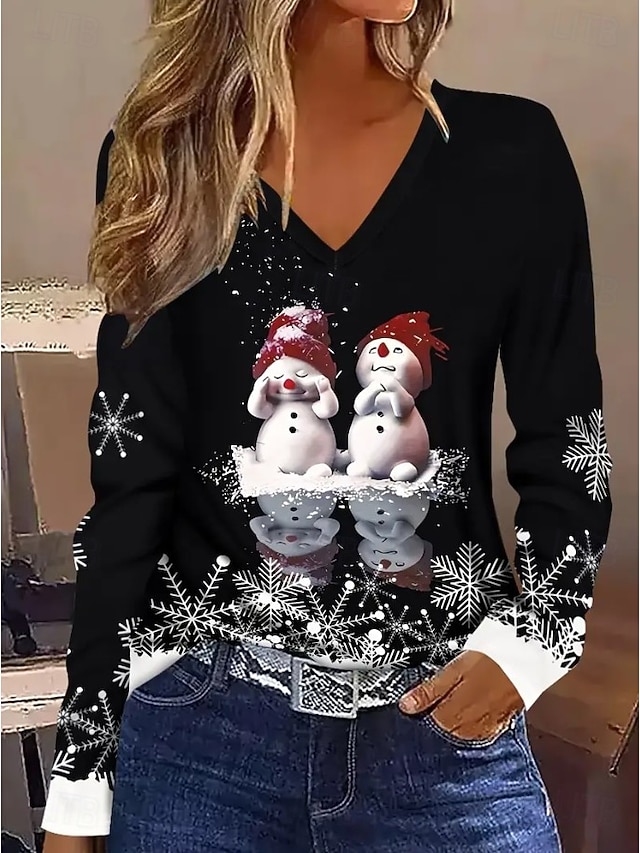  Noël Femmes T-shirt Graphique Bonhomme de neige ancien Élégant Classique manche longue Col en V Hauts Réguliers Quotidien Imprimé Gris / Rouge Noir + blanc + rouge Noir Vin Rouge Printemps Automne