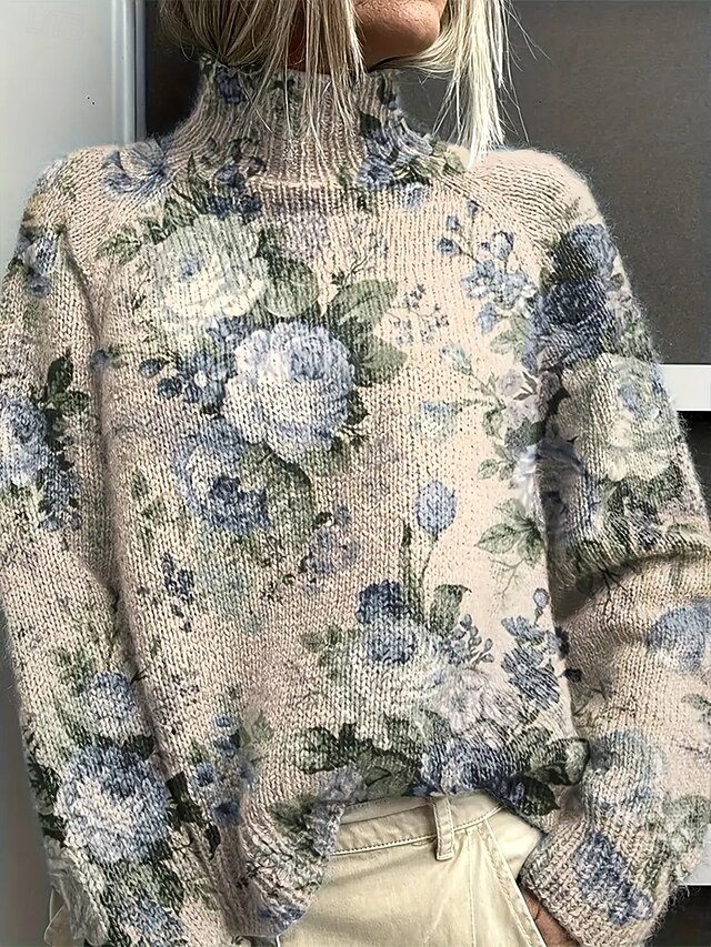 Women's Sweater Casual Soft Floral Graphic Ribbed Turtleneck Floral Knitted Print Long Sleeve Regular Tops Knit Outdoor Daily Weekend Light Blue Fall Winter4