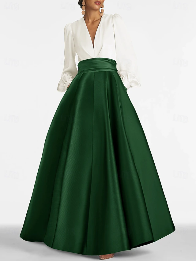 A-Line Evening Gown Elegant Dress Formal Wedding Guest Floor Length Long Sleeve V Neck Satin with Ruched 12