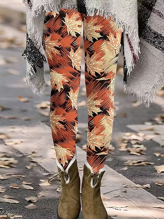 Women's Leggings Vacation Vintage Fashion Full Length High Waist Graphic Leaf Printing Thermal Warm Soft Breathable Stretchy Formal Outdoor Vacation Earth Yellow Spring Fall Slim Fit4