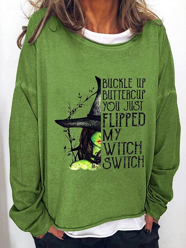 Halloween Women's Sweatshirts Witch Graphic Letter Vintage Fashion Casual Long Sleeve Crew Neck Regular Tops Street Casual Print Blue Brown Green Fall Winter4