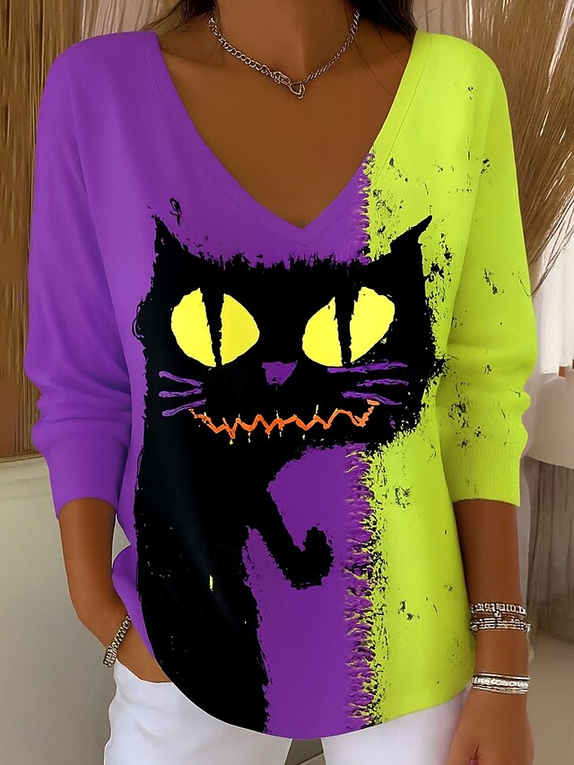 Halloween Women's Blouse Black Cat Print Skull Cat Stylish Casual Funny Long Sleeve V Neck Regular Tops Daily Weekend Print Purple Fall Winter4