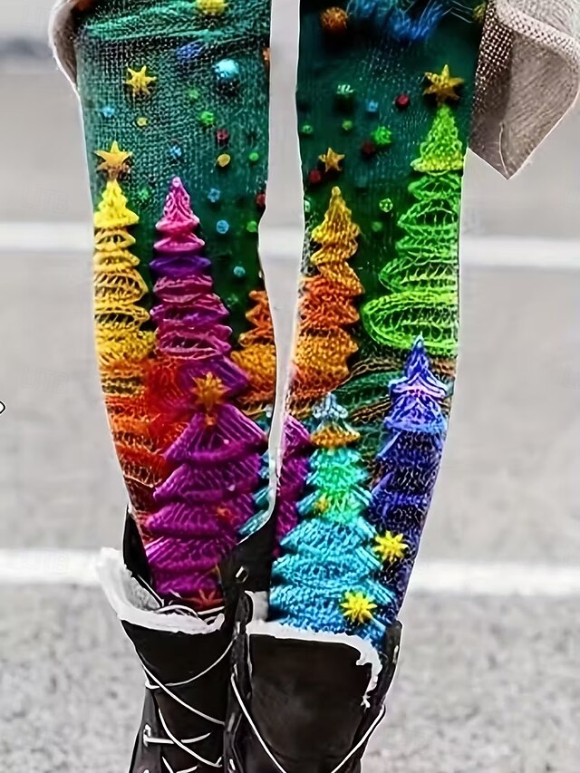 Women's Leggings Vacation Vintage Fashion Full Length High WaistPantsUgly Christmas Graphic Santa Claus Christmas Tree Printing Thermal Warm Soft Breathable Stretchy Formal Outdoor Vacation Red Green4