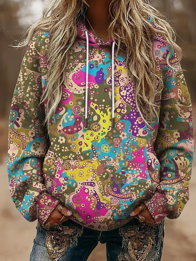 Women's Pullover Hoodies Abstract Vintage Streetwear Casual Long Sleeve Hooded Regular Tops Dailywear Casual Sports Drawstring Pocket Print Green Spring Fall4