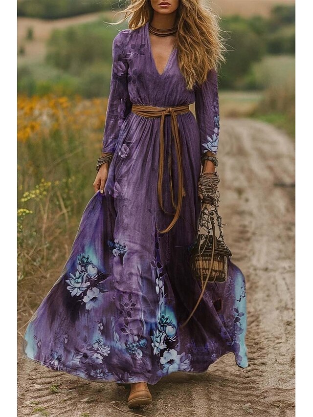 Women's Maxi Dress A Line Dress Pleated Dress Fit And Flare Dress Boho Date Going out Regular Fit Floral Graphic Tribal Long Sleeve V Neck Purple Green Spring Fall Winter Autumn3