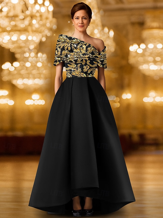  Vestido de noite preto dourado com lantejoulas evasê, elegante vestido formal para casamento formal, comprimento até o chão, um ombro só, bolso, cetim com glitter, bordado, xale 2025