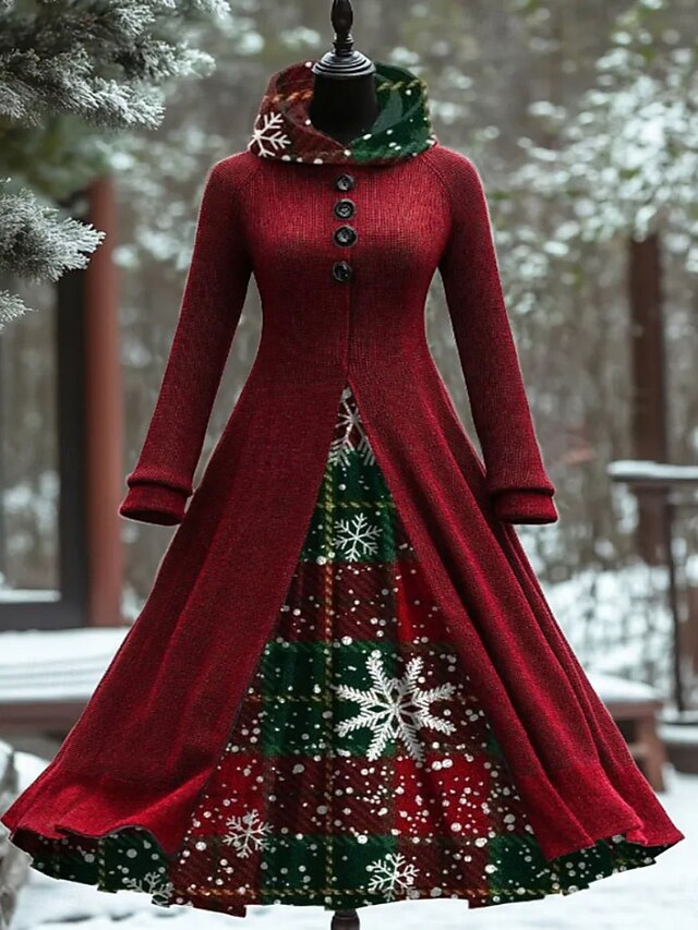 Christmas Women's Maxi Dress A Line Dress Vintage Casual Regular Fit Geometric Snowflake Long Sleeve Hooded Red Fall Winter4