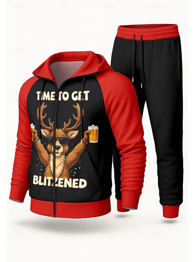 Christmas Men's Hoodie Tracksuit 2 Piece Tracksuit Drawstring Zip Up Color Block Clothing Suit Fall Red Vocation Outdoor Travel Lightweight Fashion Long Sleeve Sport Activewear Stretchy Regular Fit4