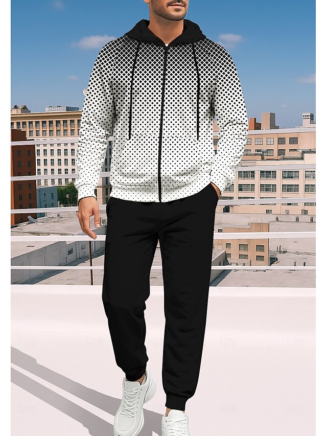 Men's Hoodie Tracksuit Zip Hoodie Drawstring Pockets Geometric Pants Hoodie Sweatshirt Fall Black with White Gym Workout Casual Basketball Baggy Long Sleeve Sport Activewear Stretchy Regular Fit4