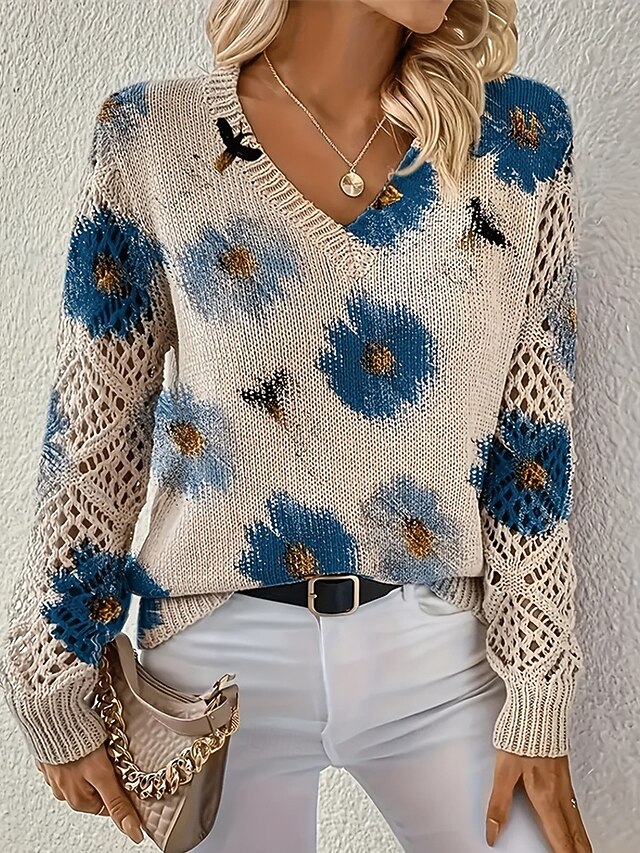 Women's Sweater Fashion Basic Casual Floral Ribbed V Neck Floral Knitted Long Sleeve Regular Tops Knit Outdoor Daily Weekend Blue Fall Winter4
