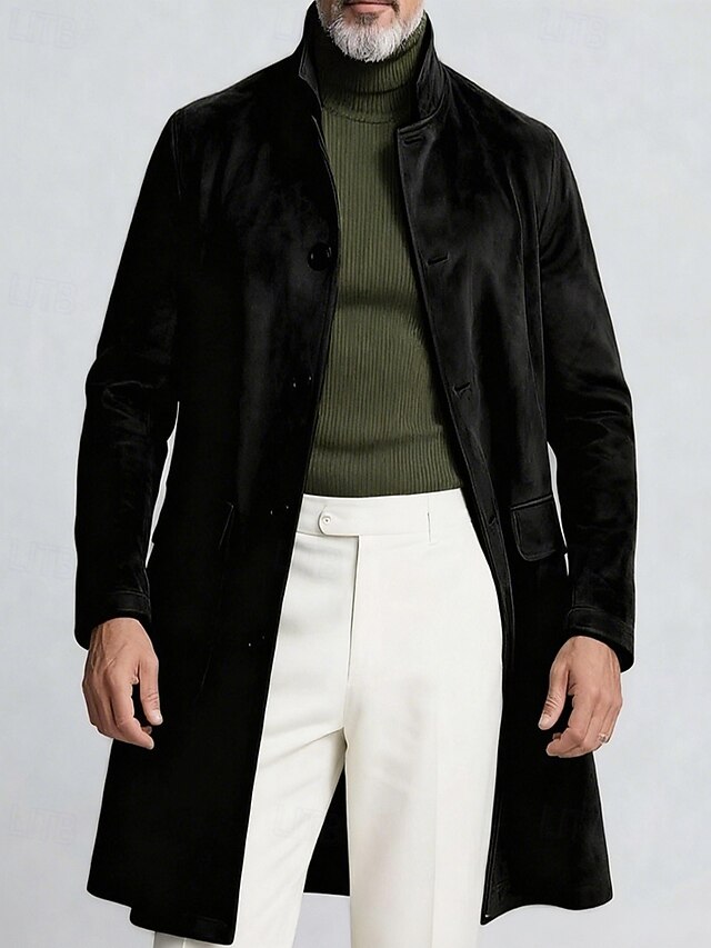 Men's Overcoat Trench Coat Long Trench Coat Vacation Daily Fall Winter Faux Suede Windproof Warm Outerwear Clothing Apparel Fashion Classic Plain Pocket Stand Collar Single Breasted3