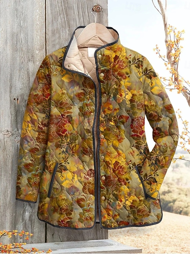  女性用 冬物ジャケット パフジャケット 保温 快適 ポケット ボタン プリント ファッション 日常 屋外 フラワー バケーション カジュアル 日常 シングルブレスト レギュラー スタンド レギュラー 長袖 アウターウェア ライトピンク イエロー ブルー 秋 冬