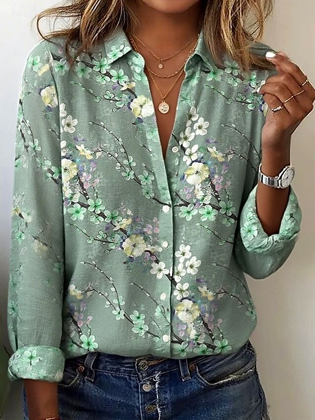 Easter Women's Shirt Floral Graphic Elegant Bohemia Vintage Long Sleeve Shirt Collar Regular Tops Work Daily Buttons Print Yellow Blue Green Spring Fall Winter4